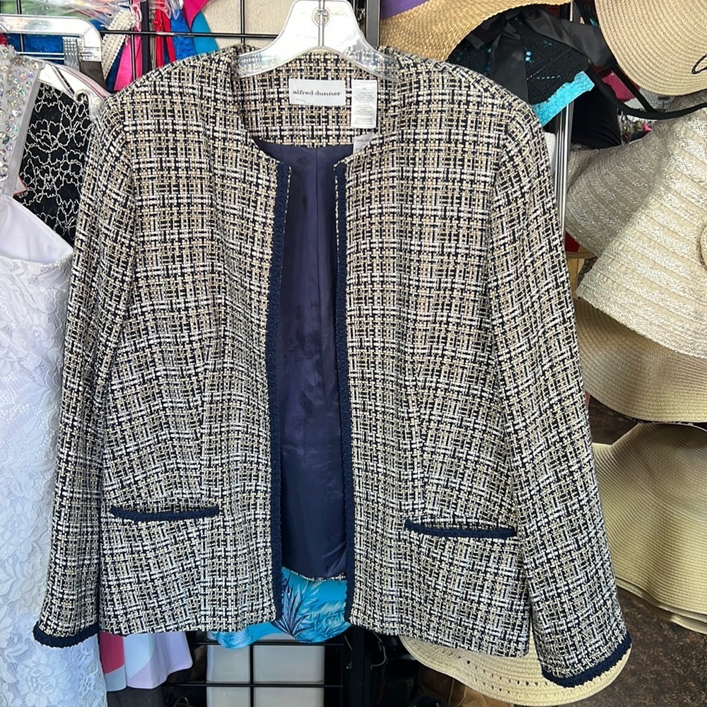 Alfred Dunner Navy Cream Tweed Jacket Size 10